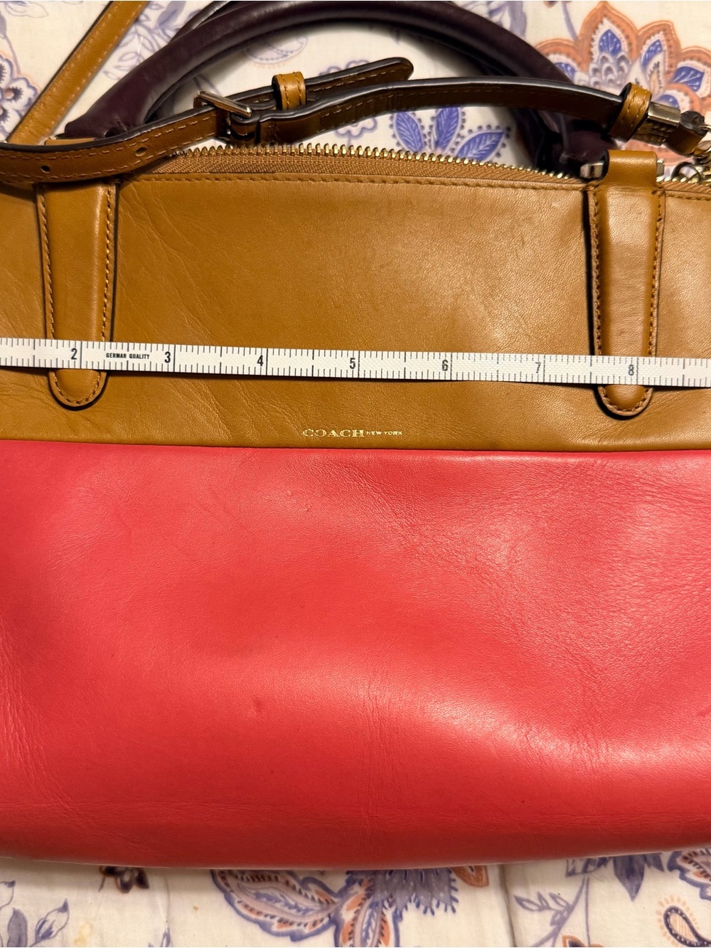 Coach Colorblock Leather Satchel – Coral, Tan & Dark Brown Handles - Picture 3 of 9